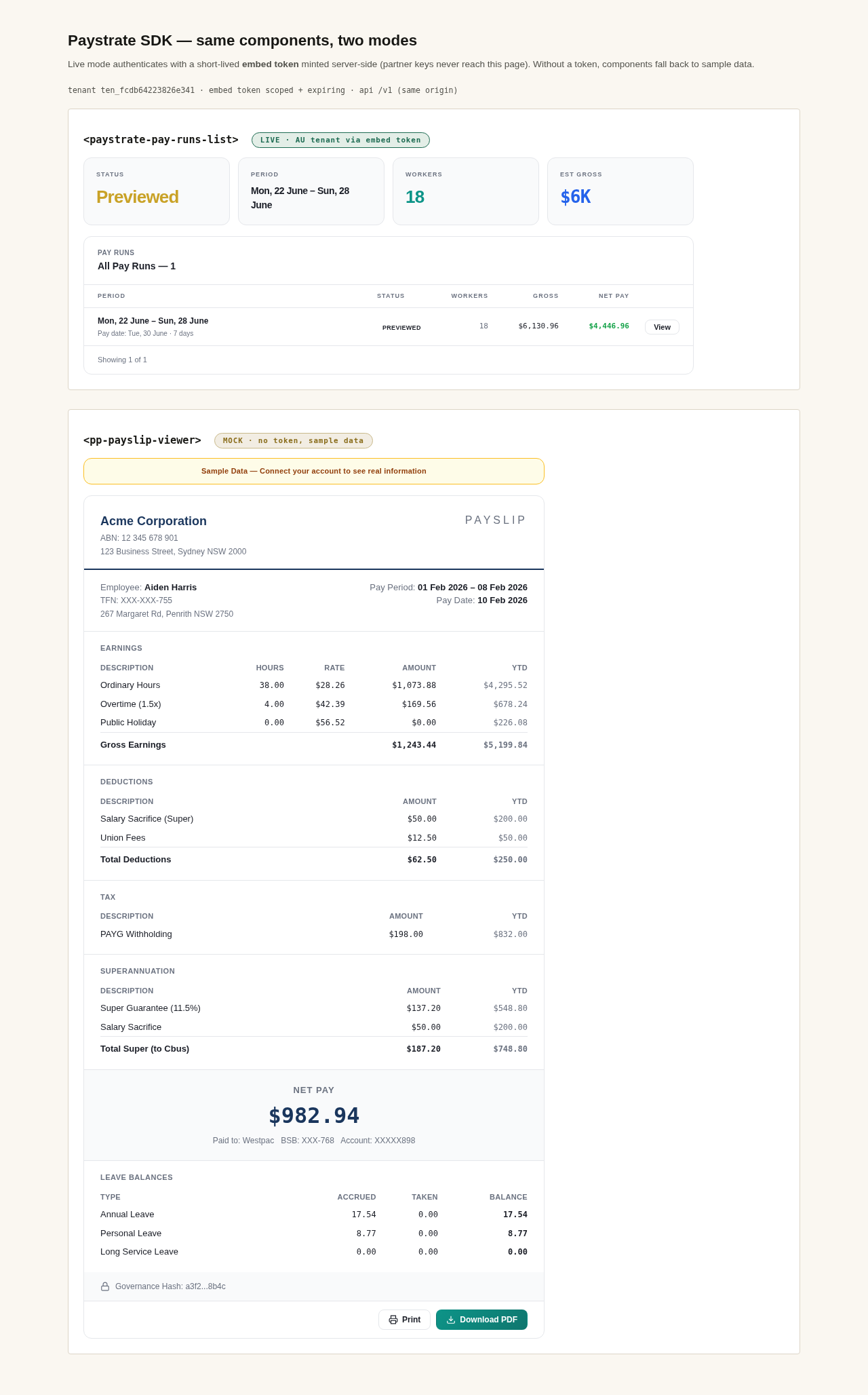 SDK components rendering a live AU pay run (18 employees, $6,130.96 gross) above a sample-mode payslip viewer